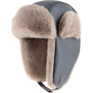 🆕Women grey Leather Trapper Hat with Faux Fur Lining Warm Aviator Hat